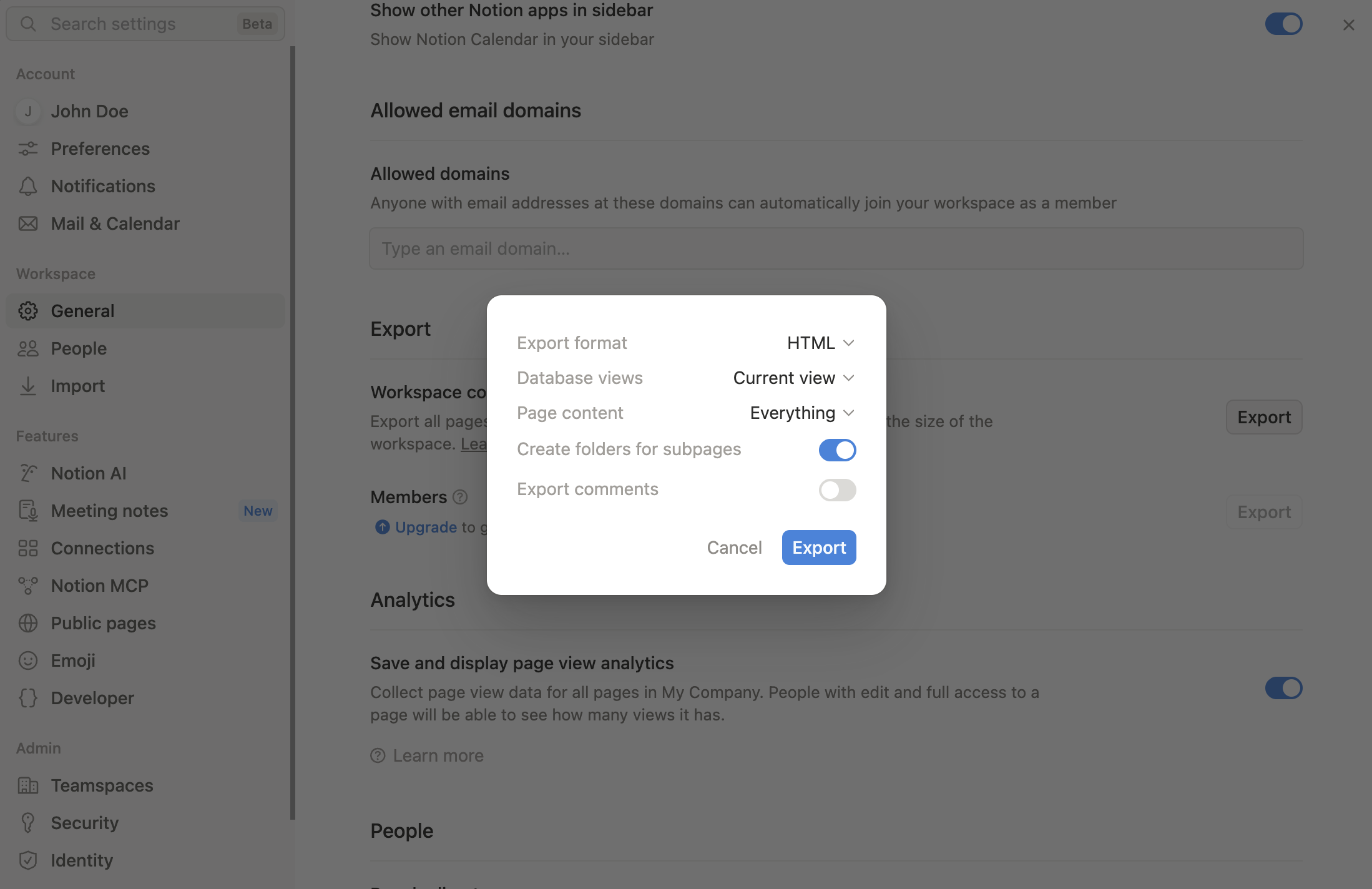 Notion export dialog